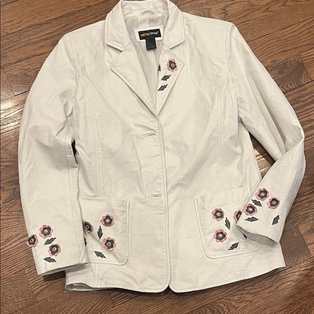 Vintage Metro Leather jacket Y2K M White Floral Appliqué Leather Jacket - Women